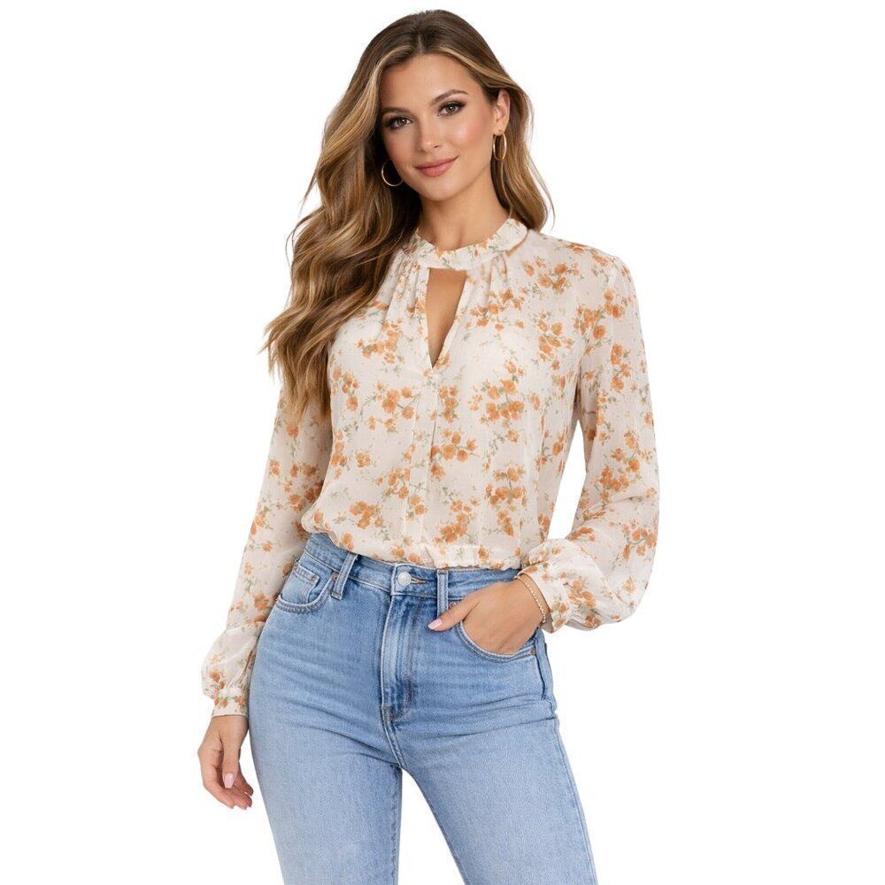 Like New Vintage ZARA Ethereal Flowy Orange Floral Sheer Chiffon Blouson Top